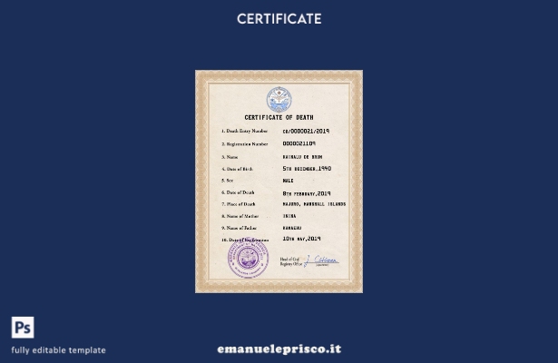 modello PSD del certificato di morte delle Isole Marshall in stile verificato